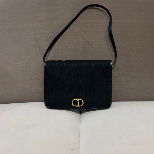 Christian Dior Vintage Cd Logo Golden Buckle With Black Trotter Canvas Shoulder Bag