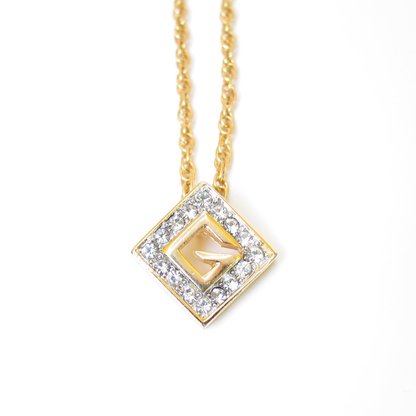 Givenchy Vintage G Logo in Rhombus with Rhinestone Golden Necklace