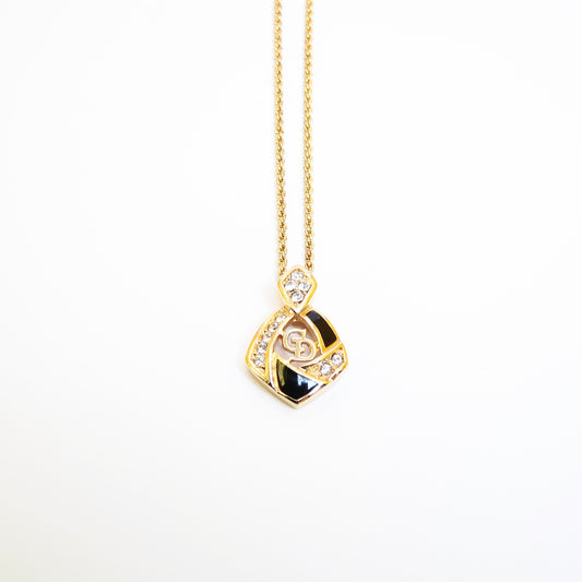 Christian Dior Vintage CD Logo Black and Rhinestone Golden Necklace