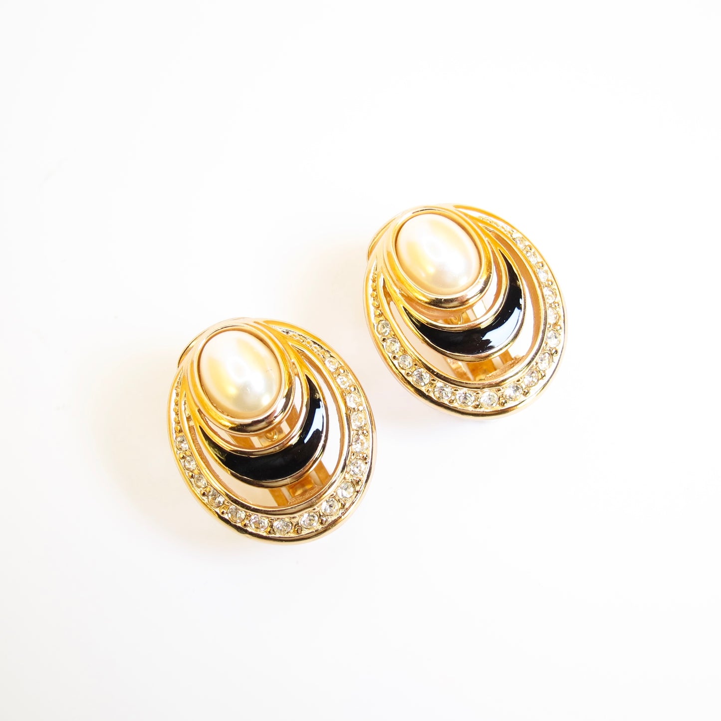 Christian Dior Vintage Pearl Rhinestone and Black Golden Clip-on Earrings