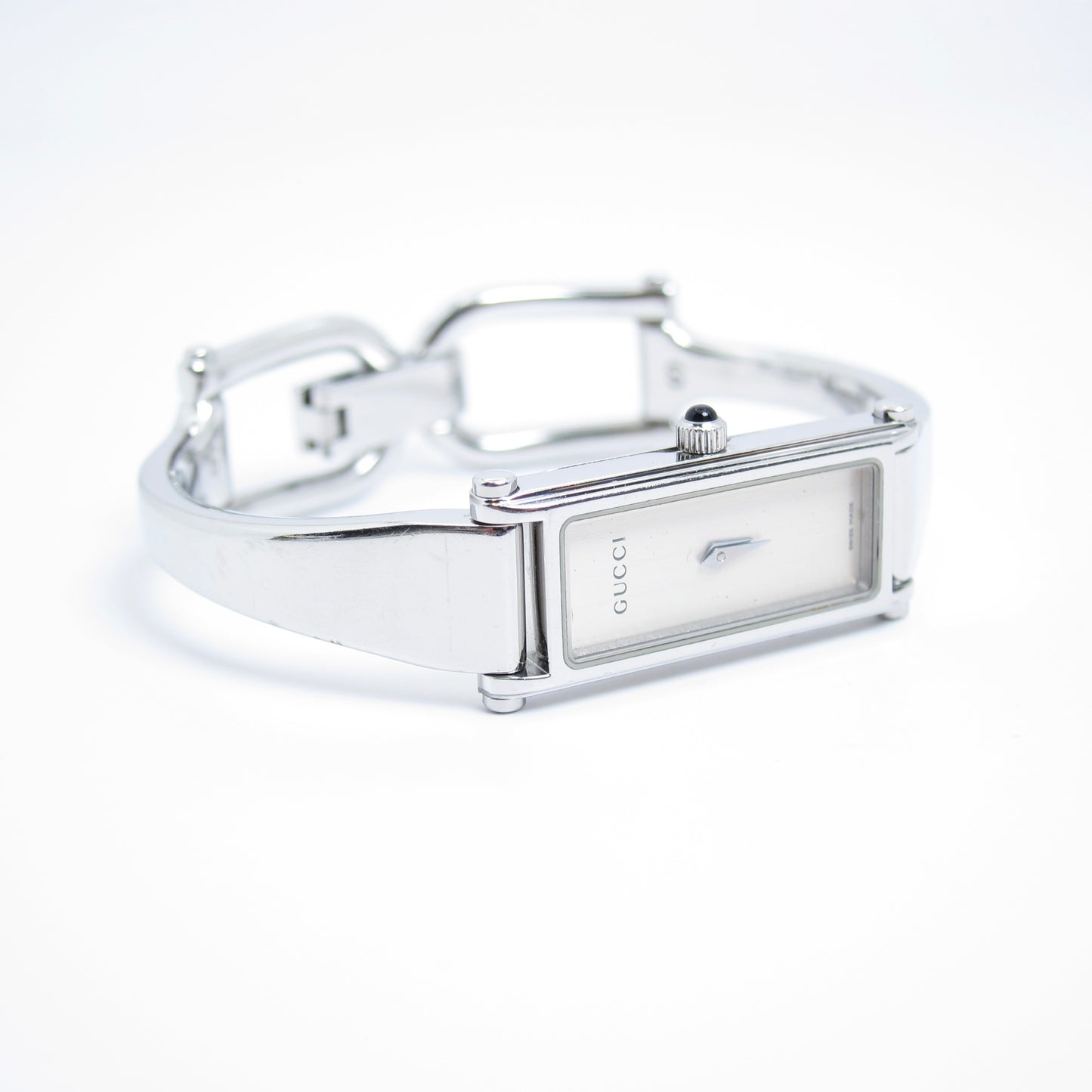 Gucci Vintage Rectangle White Face Silver Bangle Watch