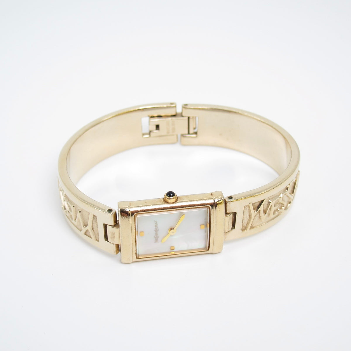 Yves Saint Laurent Vintage Rectangle Shell Pearl Face and Logo Engraved Golden Bangle Watch