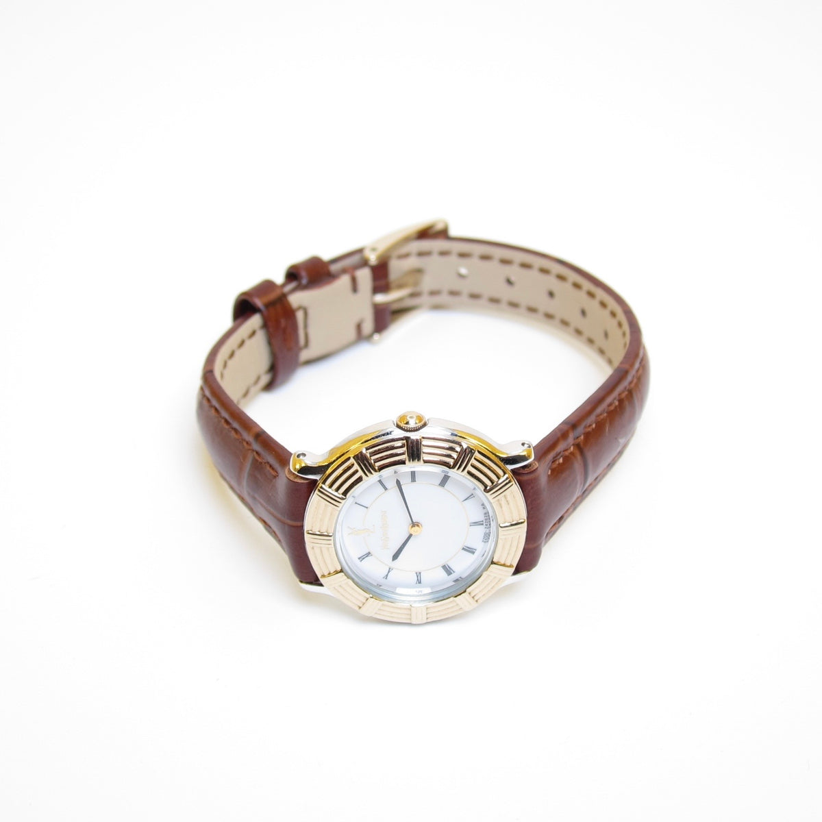 Yves Saint Laurent Vintage Round White Face with Brown Leather Strap Two Tone Watch