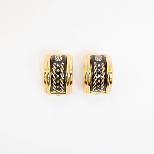 愛馬仕復古黑色琺瑯金色夾式耳環