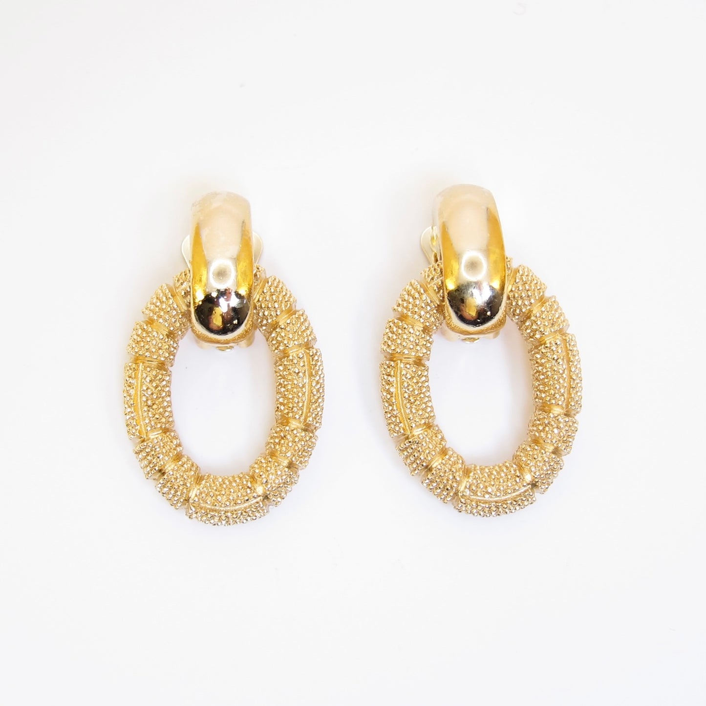 Christian Dior Vintage Textured Oval Door Knocker Golden Clip-on Earrings