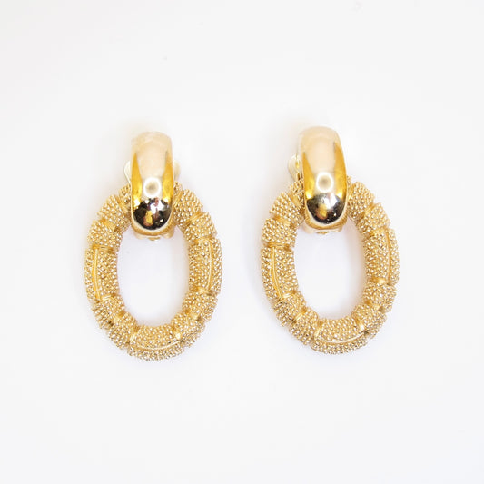Christian Dior Vintage Textured Oval Door Knocker Golden Clip-on Earrings