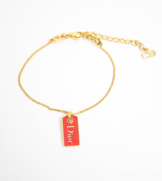 Christian Dior Vintage Dior Logo Red Enamelled Tag Golden Bracelet