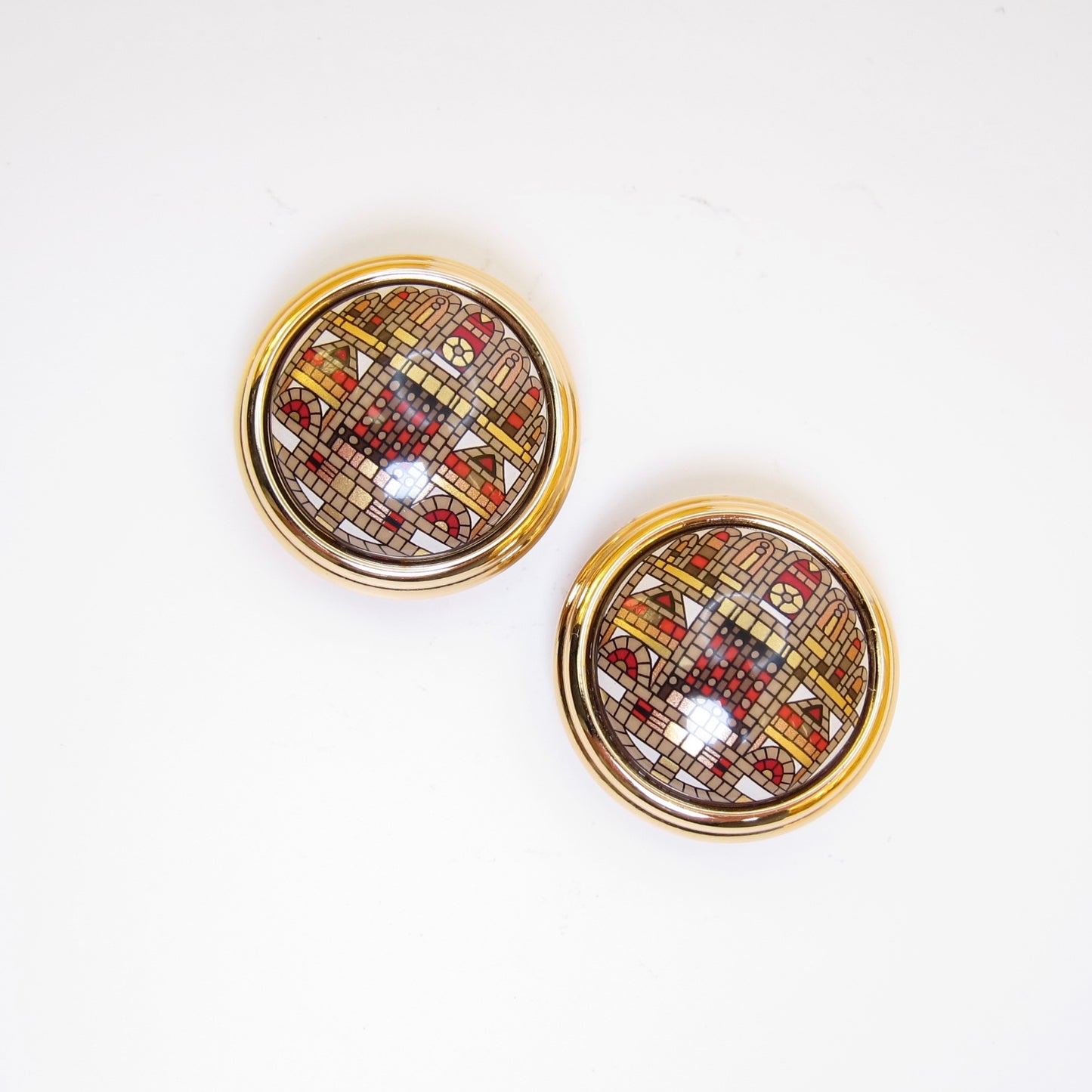 Hermes Vintage Enamel Mosaic Geometric Round Golden Clip-on Earrings