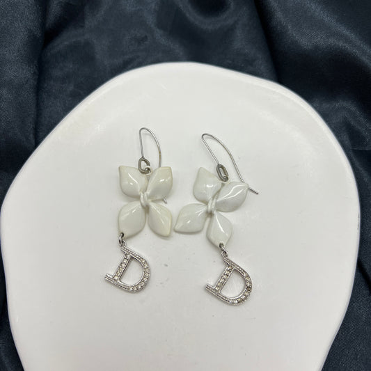 Christian Dior Vintage D Logo with Rhinestone & White  Flower Earrings