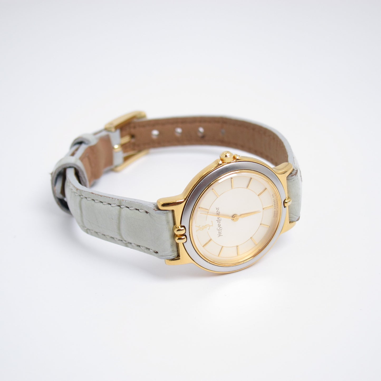Yves Saint Laurent Vintage Round Champagne Face with Leather Strap Watch