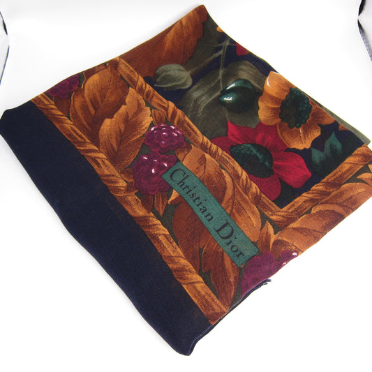 Christian Dior Vintage Floral Motif and Navy Silk-Wool Blend Scarf