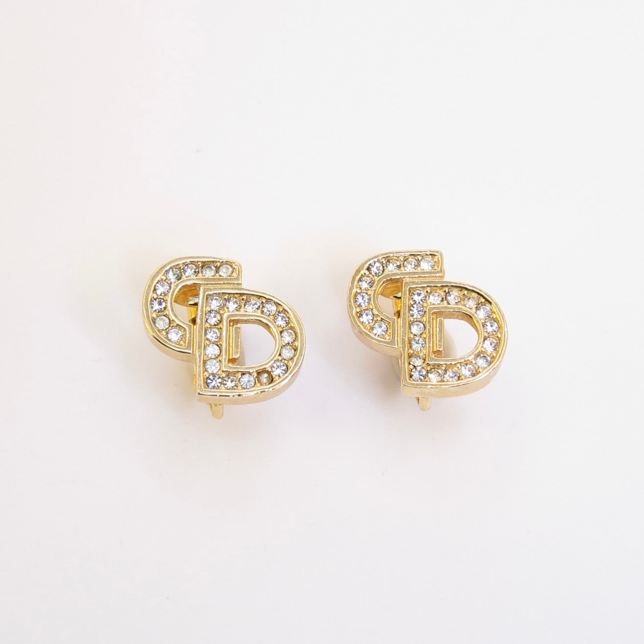 Christian Dior Vintage CD Logo with Rhinestone Golden Clip-on Earrings