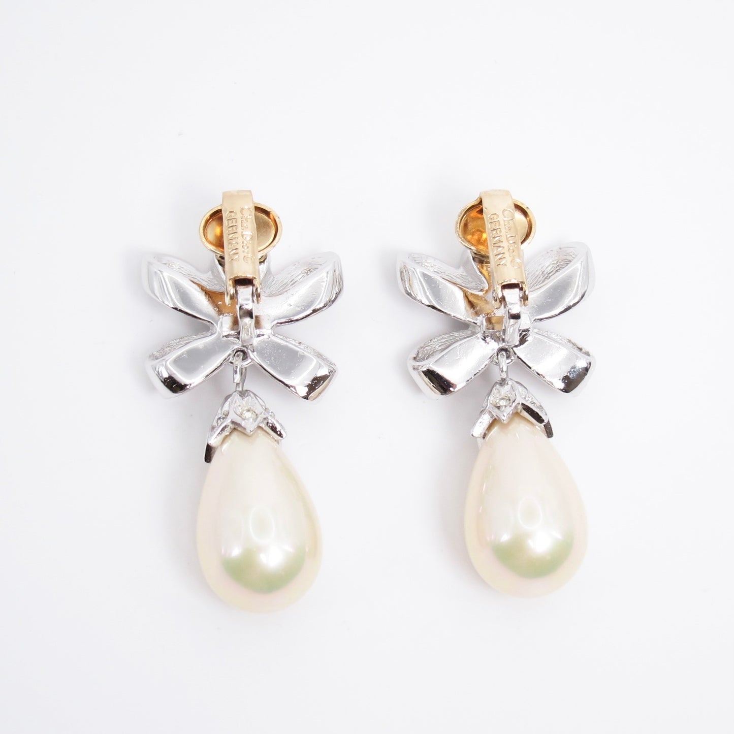 Christian Dior Vintage Ribbon with Rhinestone and Pearl Two Tone Clip-on Earrings