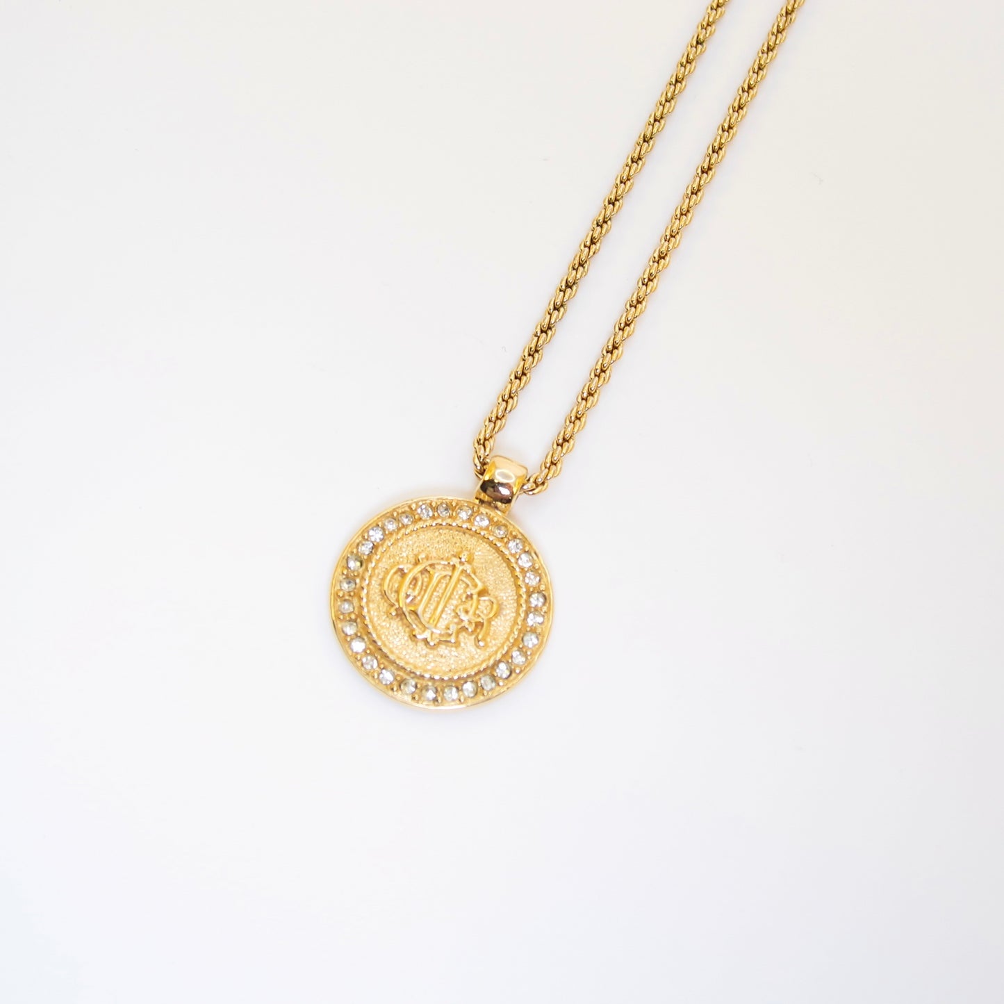 Christian Dior Vintage Dior Logo on Round Shape with Rhinestone Golden Necklace