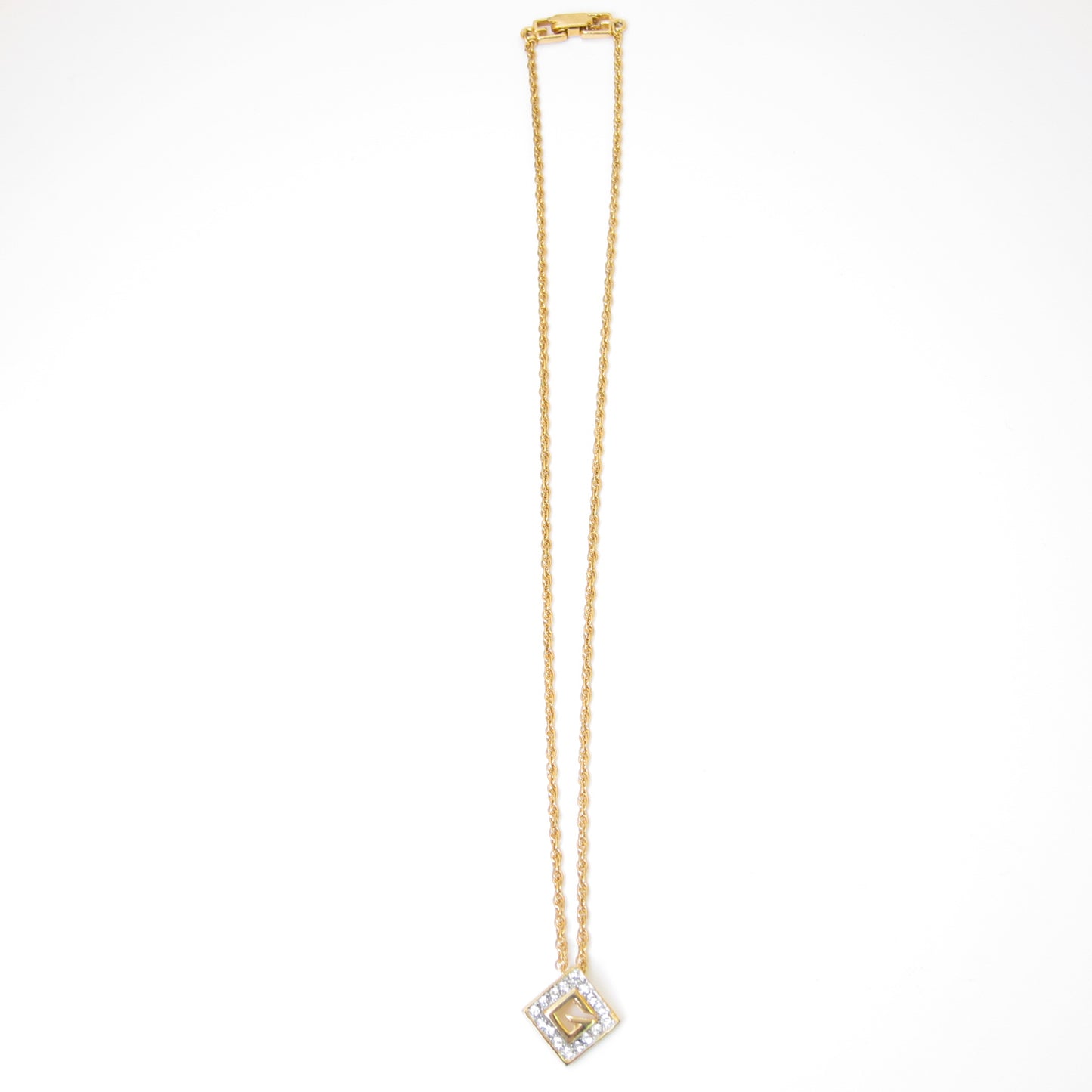 Givenchy Vintage G Logo in Rhombus with Rhinestone Golden Necklace