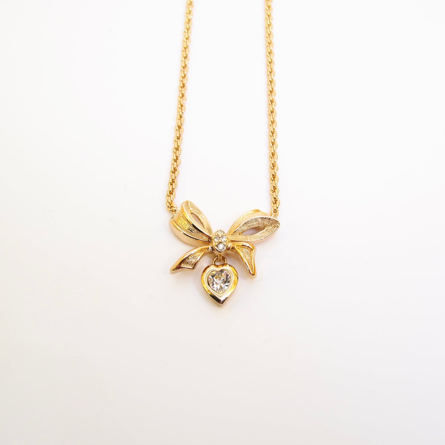 Christian Dior Vintage Ribbon and Heart with Rhinestone Golden Necklace