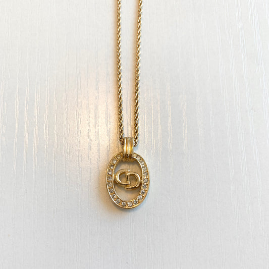 Christian Dior 復古橢圓形 CD 標誌與水鑽金色項鍊