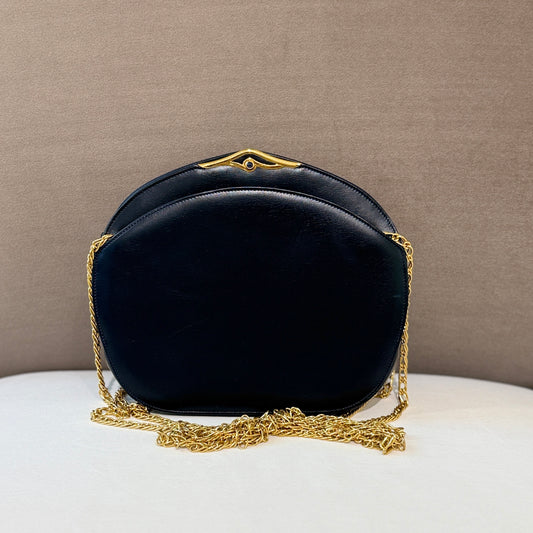 Cartier Vintage Sapphire Black Leather Double Golden Chain Round Shape Shoulder Bag
