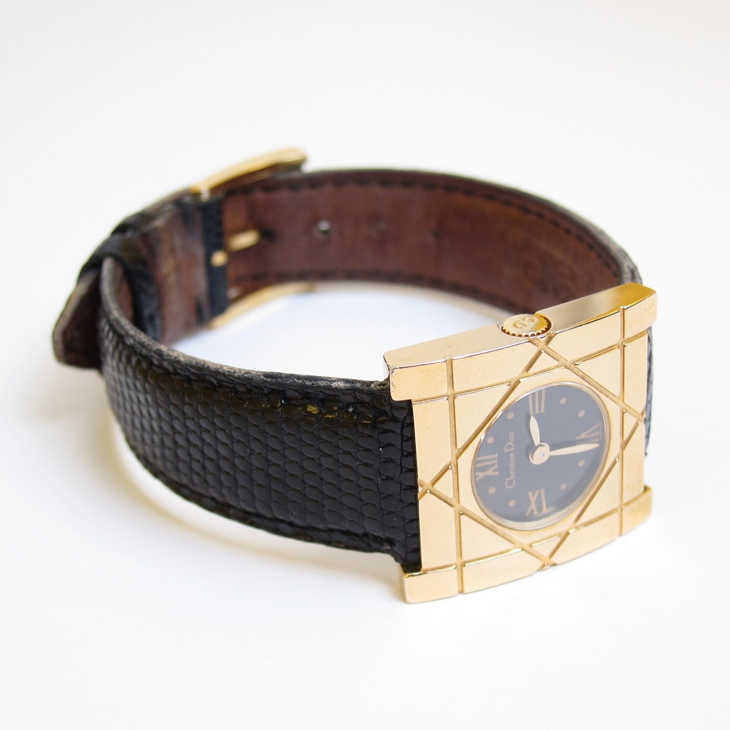 Christian Dior Vintage Cannage Square Black Face with Leather Strap Golden Watch