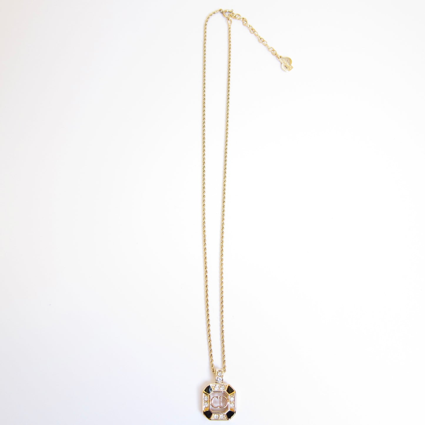 Christian Dior Vintage CD Logo in Octagon with Rhinestone Black and Golden Necklace