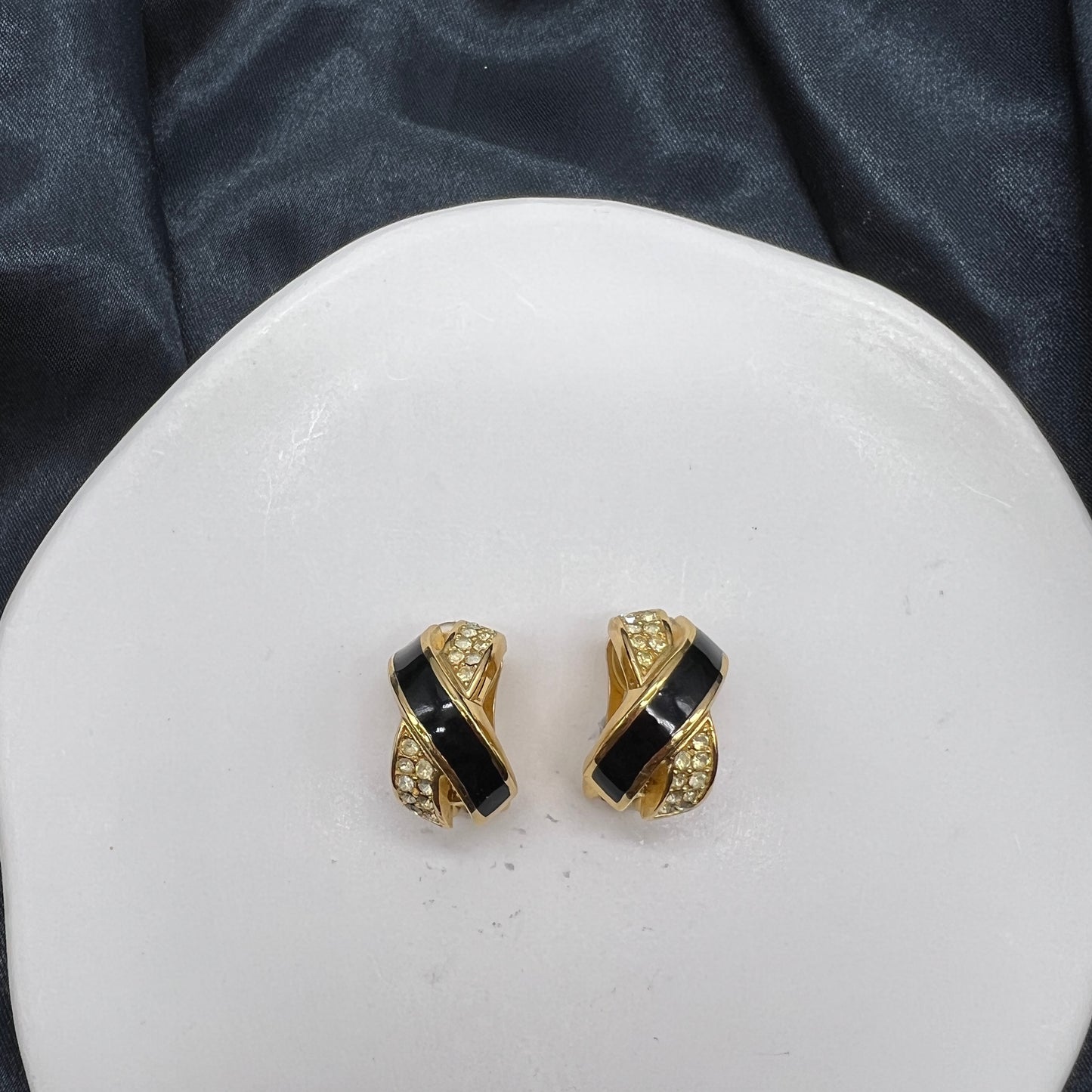 Christian Dior Vintage Black X Rhinestone Cross Clip-On Earrings