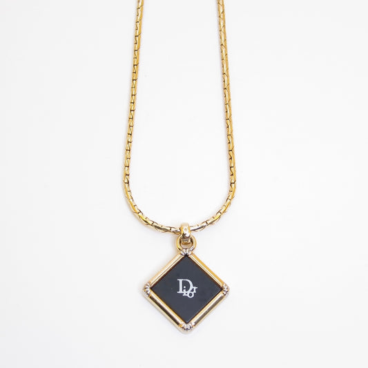 Christian Dior Vintage Dior Logo on Rhombus Black and Golden Necklace