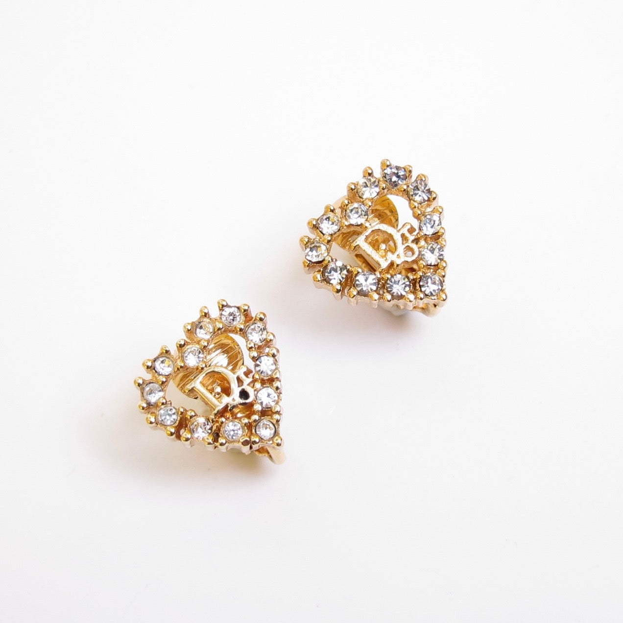 Christian Dior Vintage Dior Logo in Heart with Rhinestone Golden Clip-on Earrings