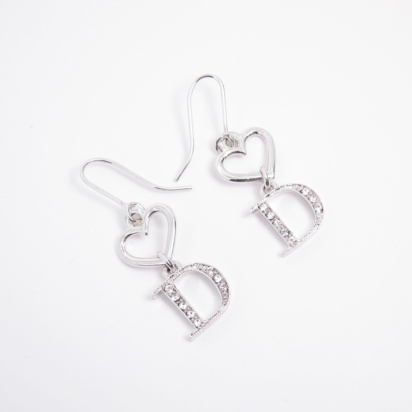 Christian Dior Vintage Heart and D Logo with Rhinestone Silver Drop Earrings