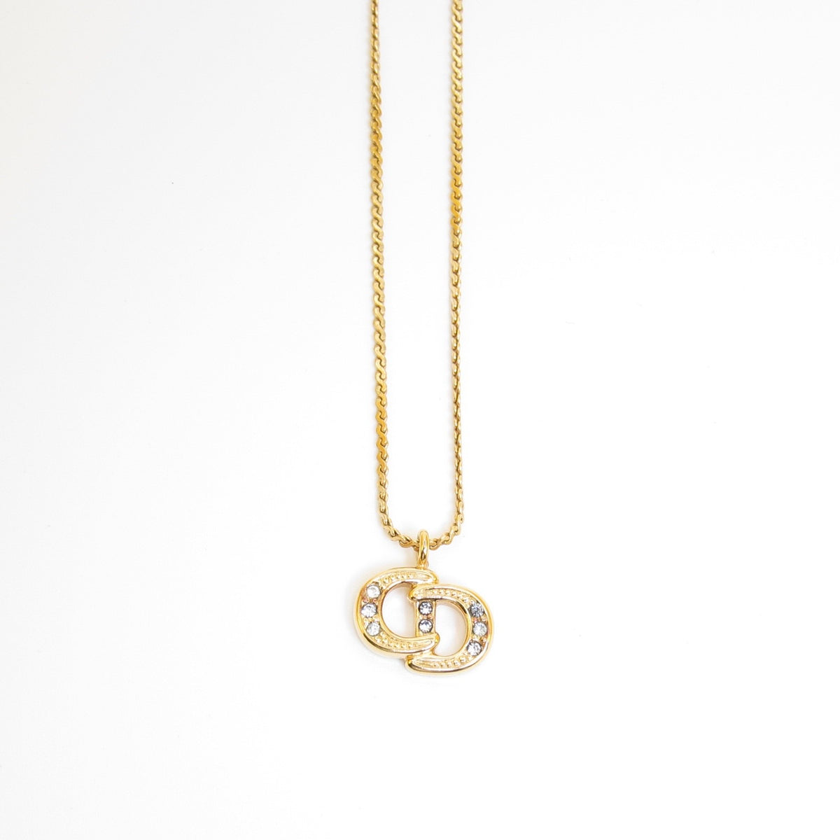 Christian Dior Vintage CD Logo with Rhinestone Gold-Tone Necklace