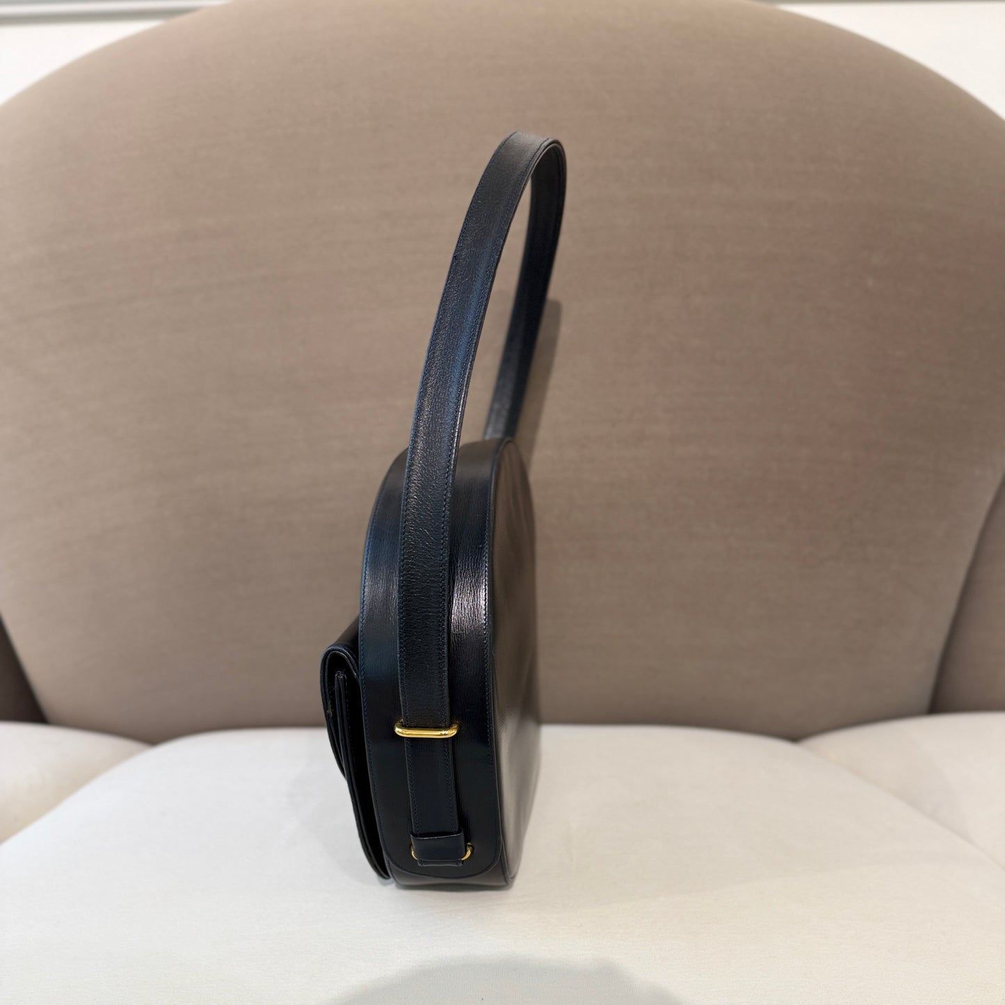 Cartier Vintage Sapphire Black Leather Round Shape Shoulder Bag