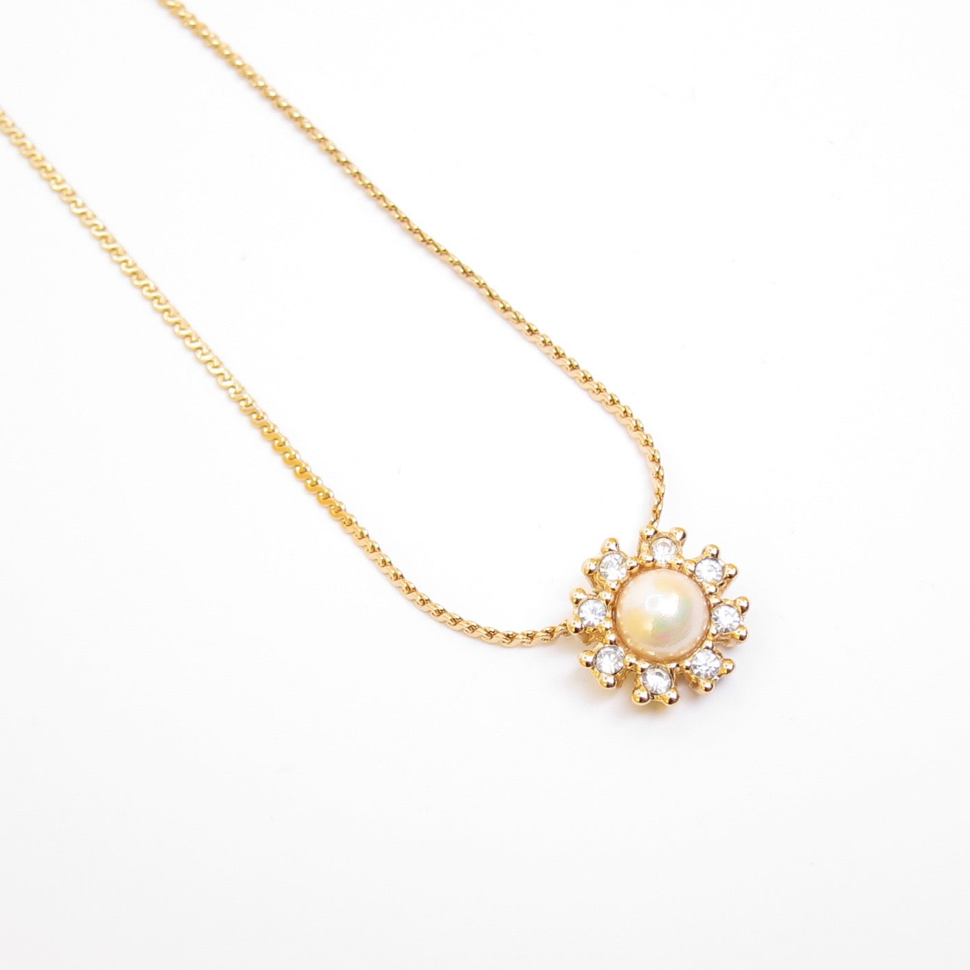 Christian Dior Vintage Flower Motif Pearl and Rhinestone Golden Necklace