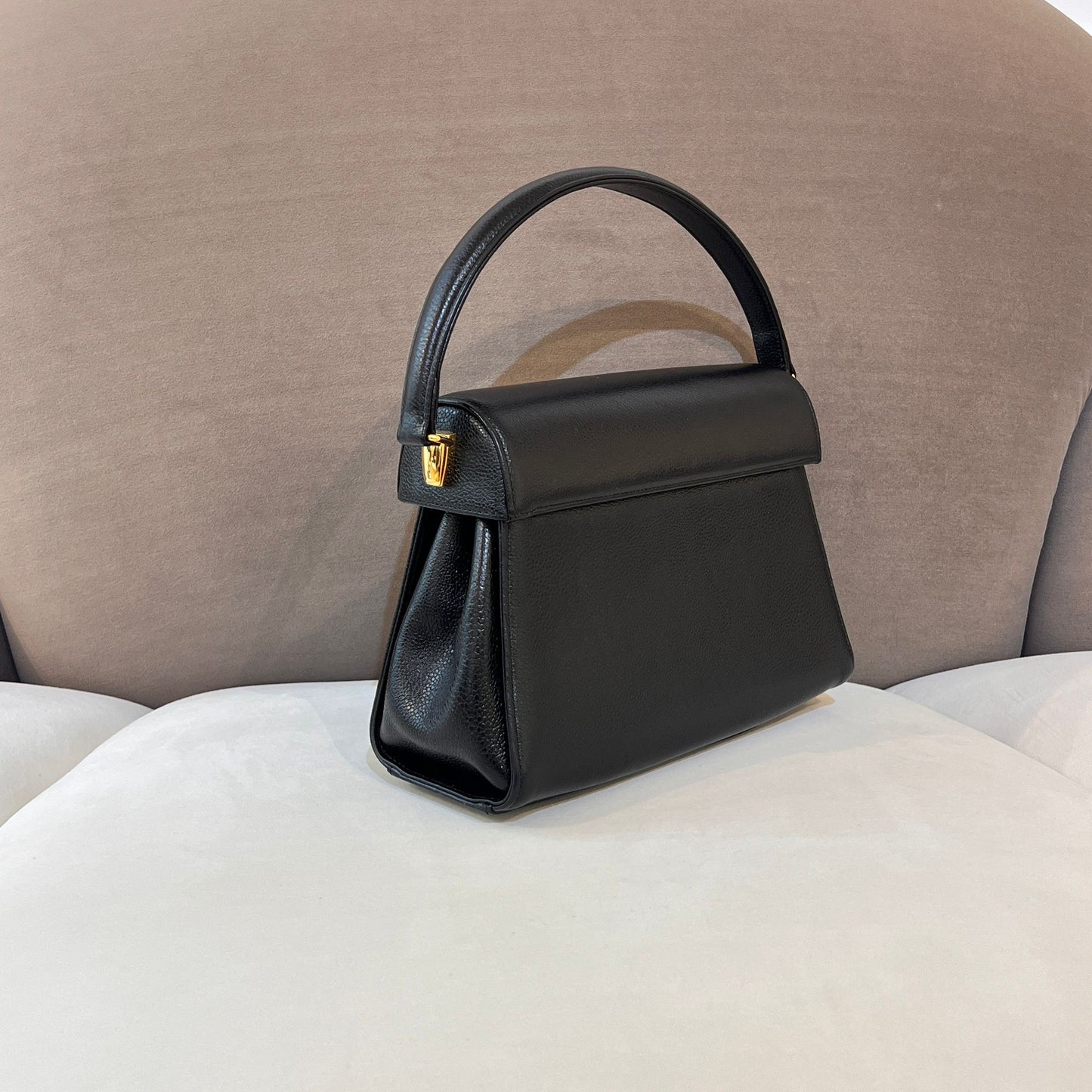 Valentino Garavani Vintage Black Leather Gold Turn-Lock Top Handle Bag