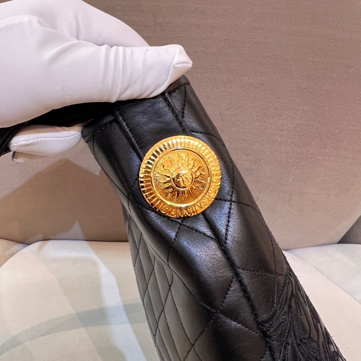 Versace Vintage Quilted Leather Baroque Bucket Shoulder Bag Black
