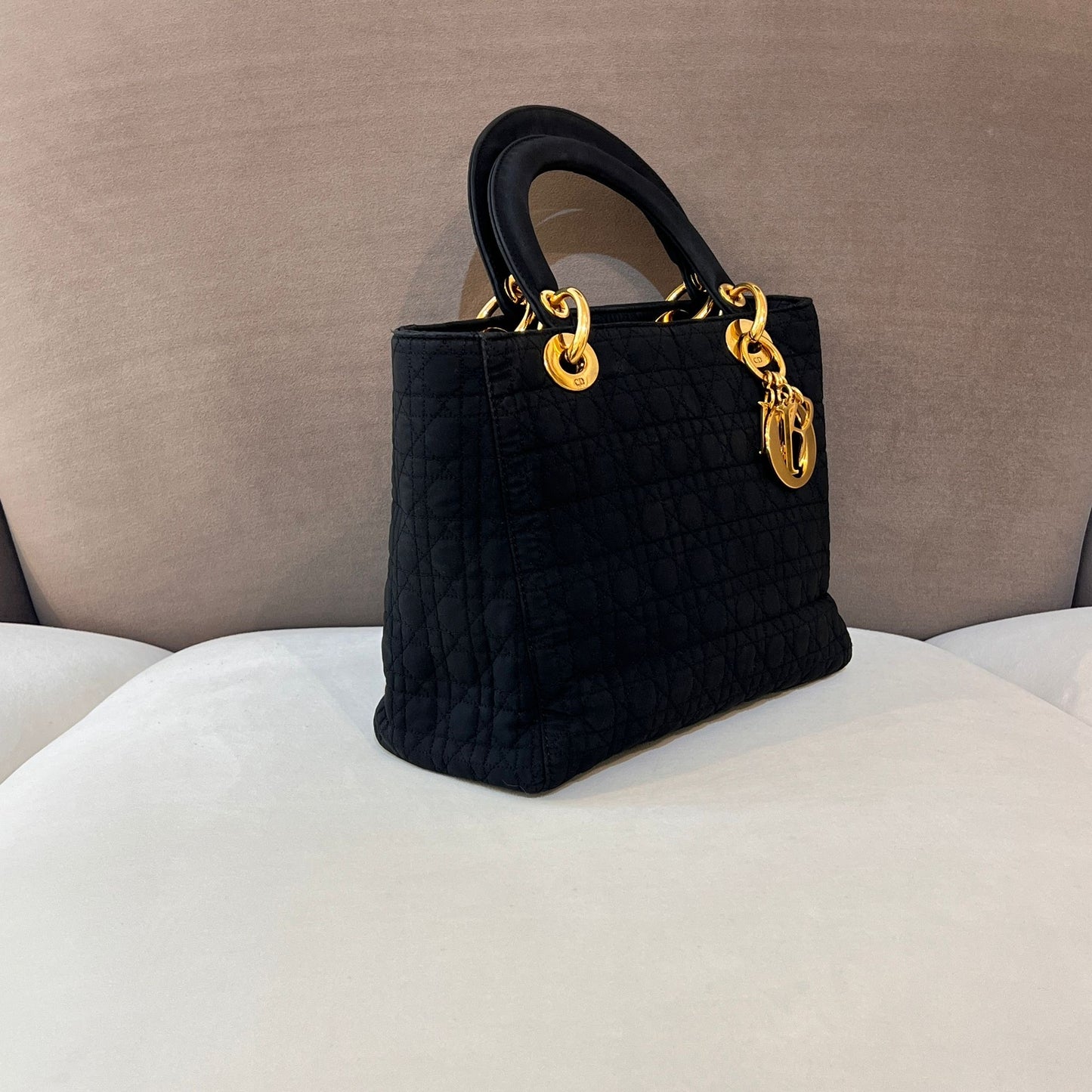 Christian Dior Vintage Lady Dior Cannage Nylon Black Handbag