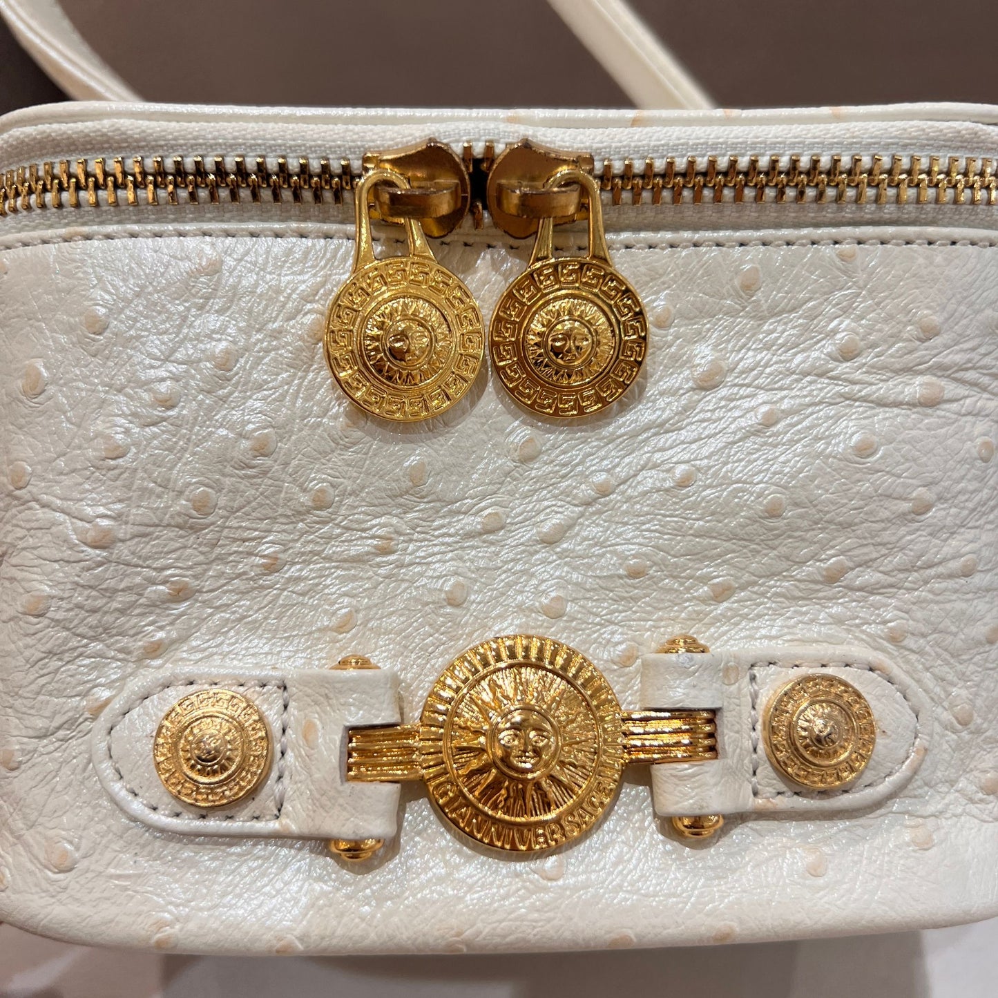 Versace Vintage Ivory Ostrich Leather Medusa Vanity Top Handle Bag
