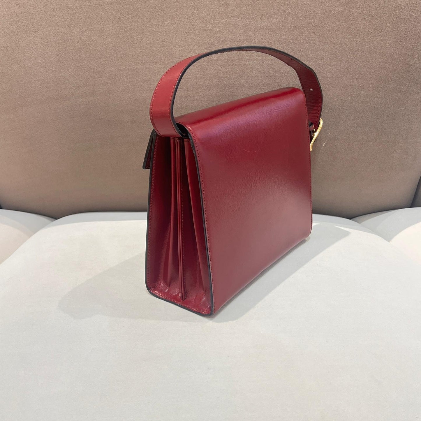 Celine Vintage Burgundy Leather Gold Ring Top Handle Bag