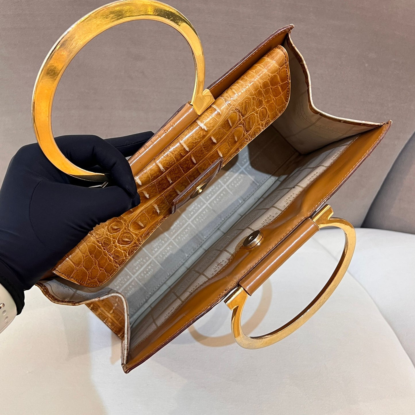 Celine Vintage Crocodile Embossed Circle Handle Bag