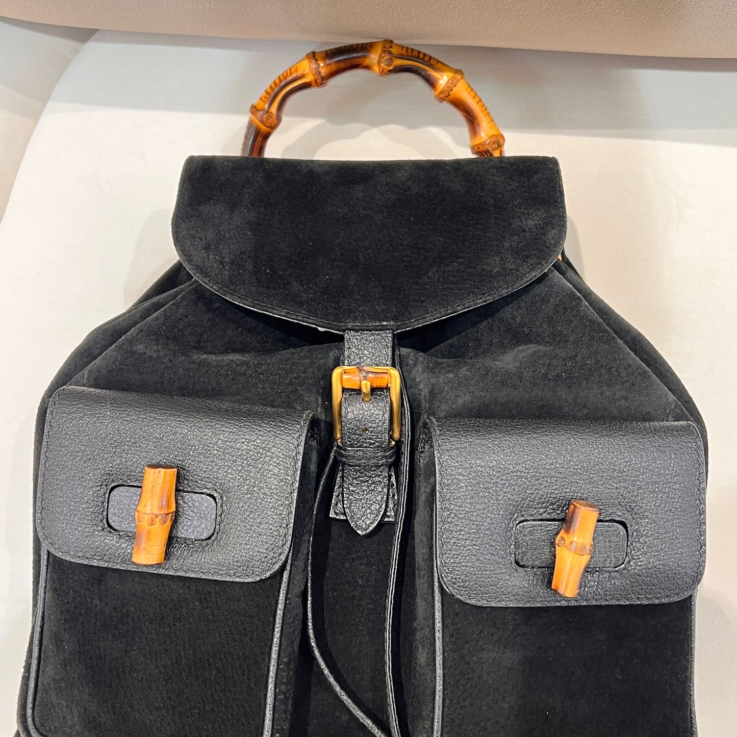 Gucci Vintage Black Suede Bamboo Backpack