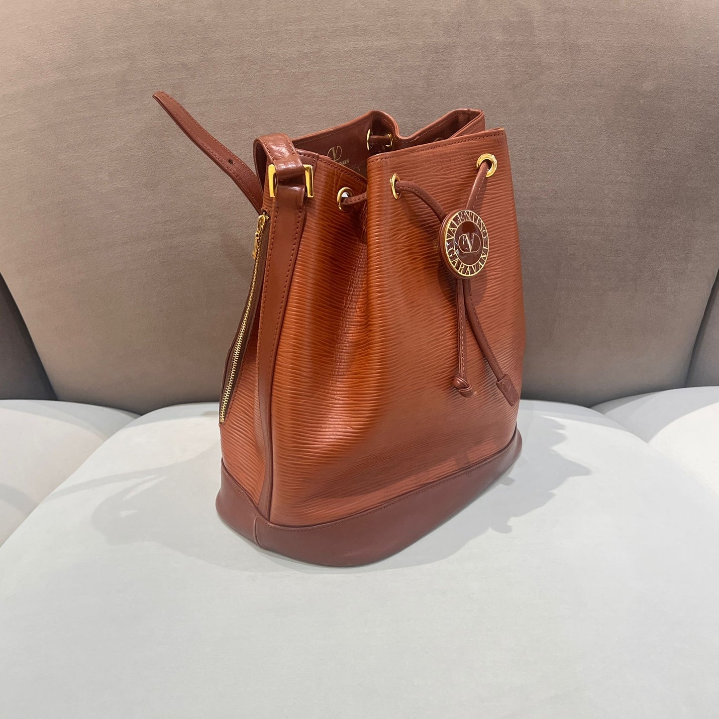 Valentino Garavani Vintage Textured Leather Brown Drawstring Bucket Shoulder Bag
