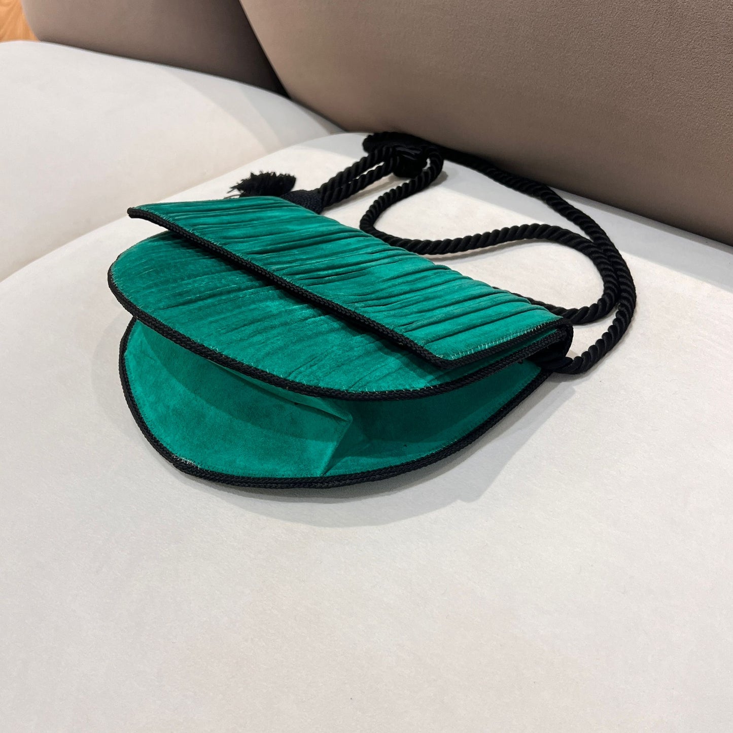Christian Dior Vintage Emerald Pleated Silk Half Moon Shoulder Bag