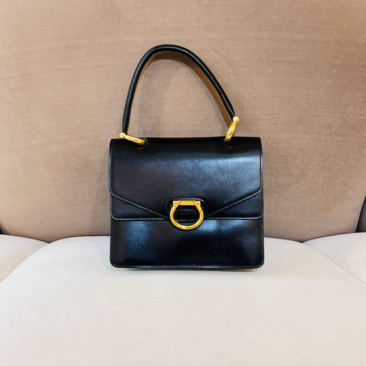 Celine Vintage Gancini Double Flap Black Leather Gold Clasp Handbag