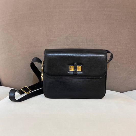 Celine Vintage Black Leather Turn Lock Shoulder Bag