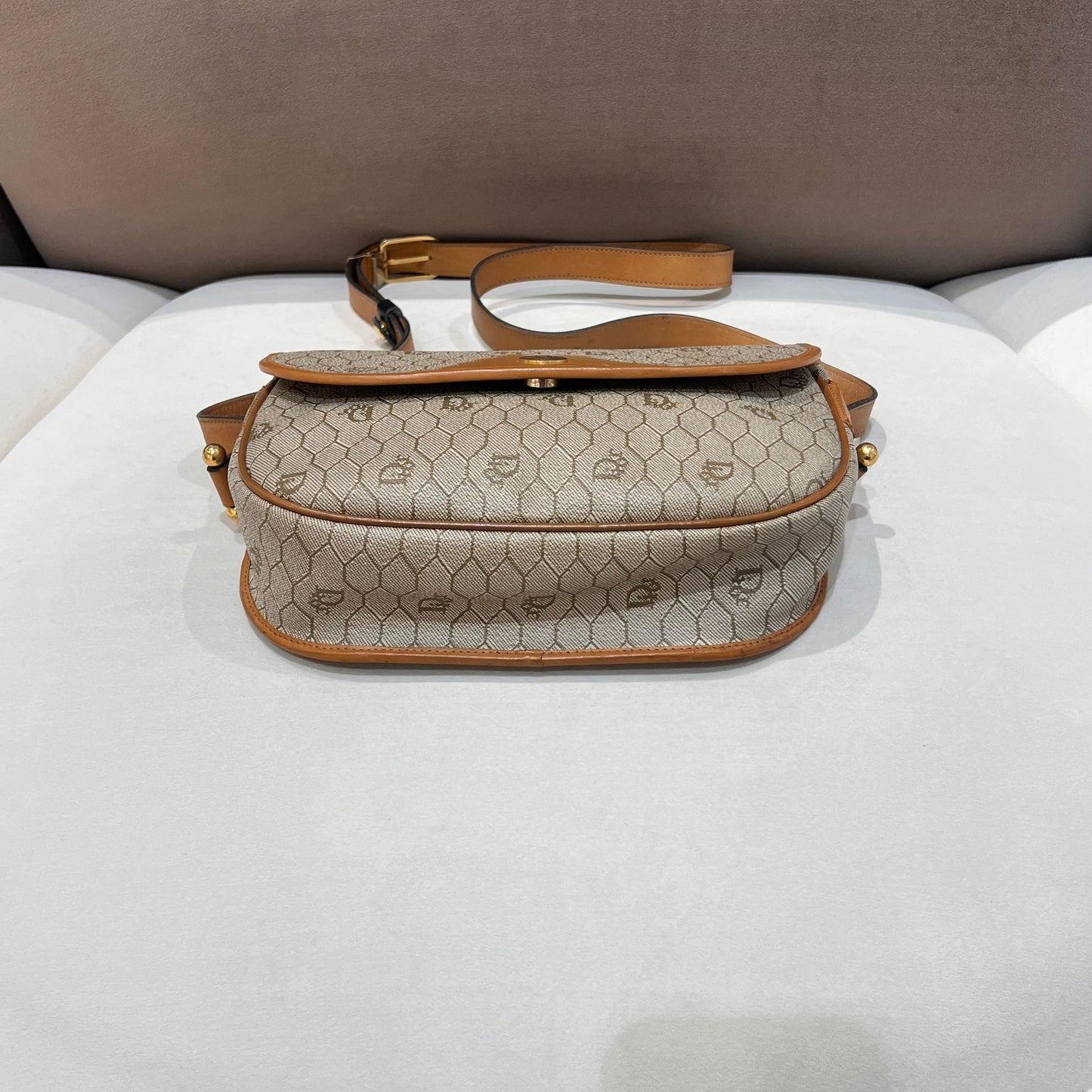 Christian Dior Vintage Honeycomb Monogram Canvas Beige Crossbody Shoulder Bag
