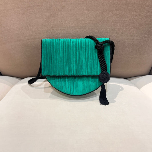 Christian Dior Vintage Emerald Pleated Silk Half Moon Shoulder Bag