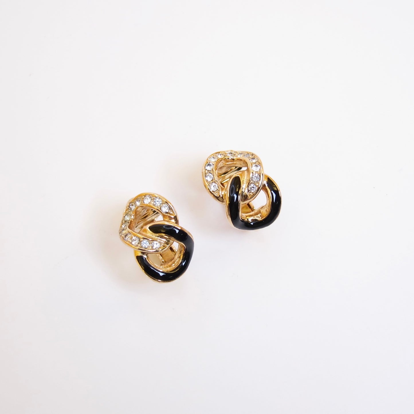 Christian Dior Vintage Link Black and Rhinestone Golden Clip-on Earrings