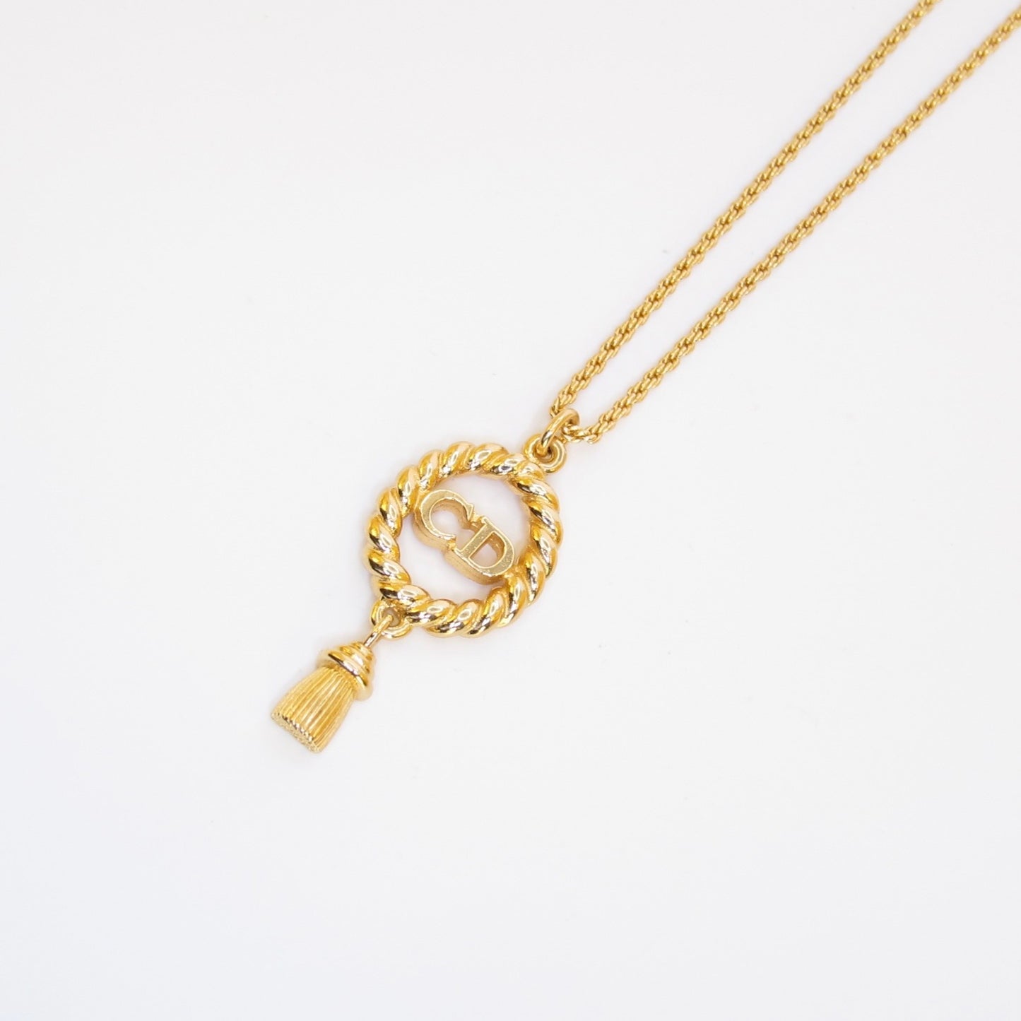 Christian Dior Vintage CD Logo Twist Rope Tassel Pendant Golden Necklace