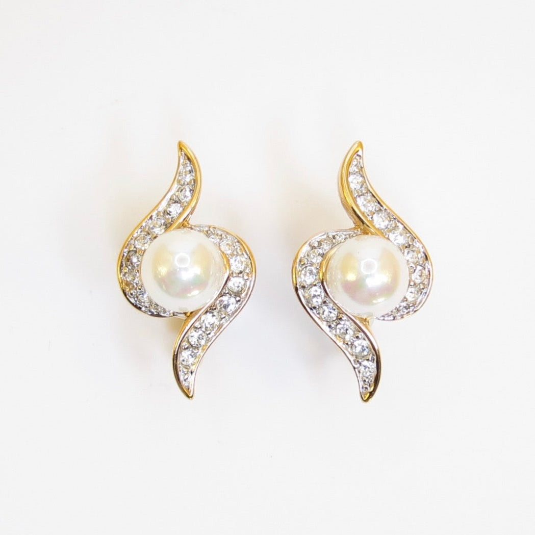 Nina Ricci Vintage Pearl and Rhinestone Golden Clip-on Earrings