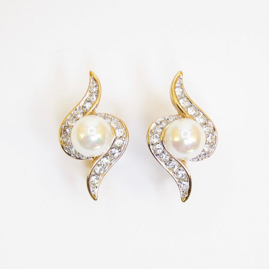 Nina Ricci Vintage Pearl and Rhinestone Golden Clip-on Earrings