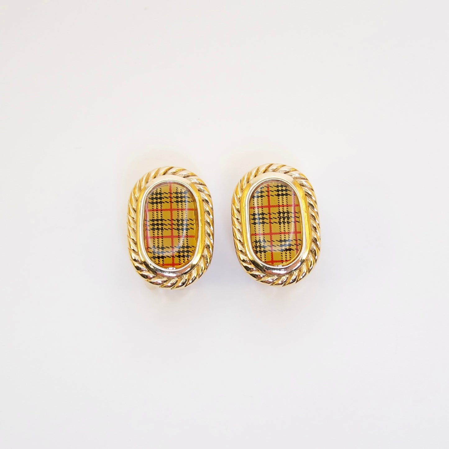 Burberry Vintage Oval Shape Check Golden Clip-on Earrings