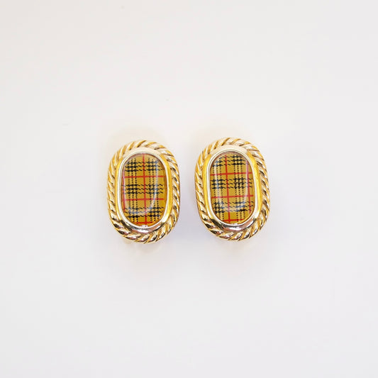Burberry Vintage Oval Shape Check Golden Clip-on Earrings
